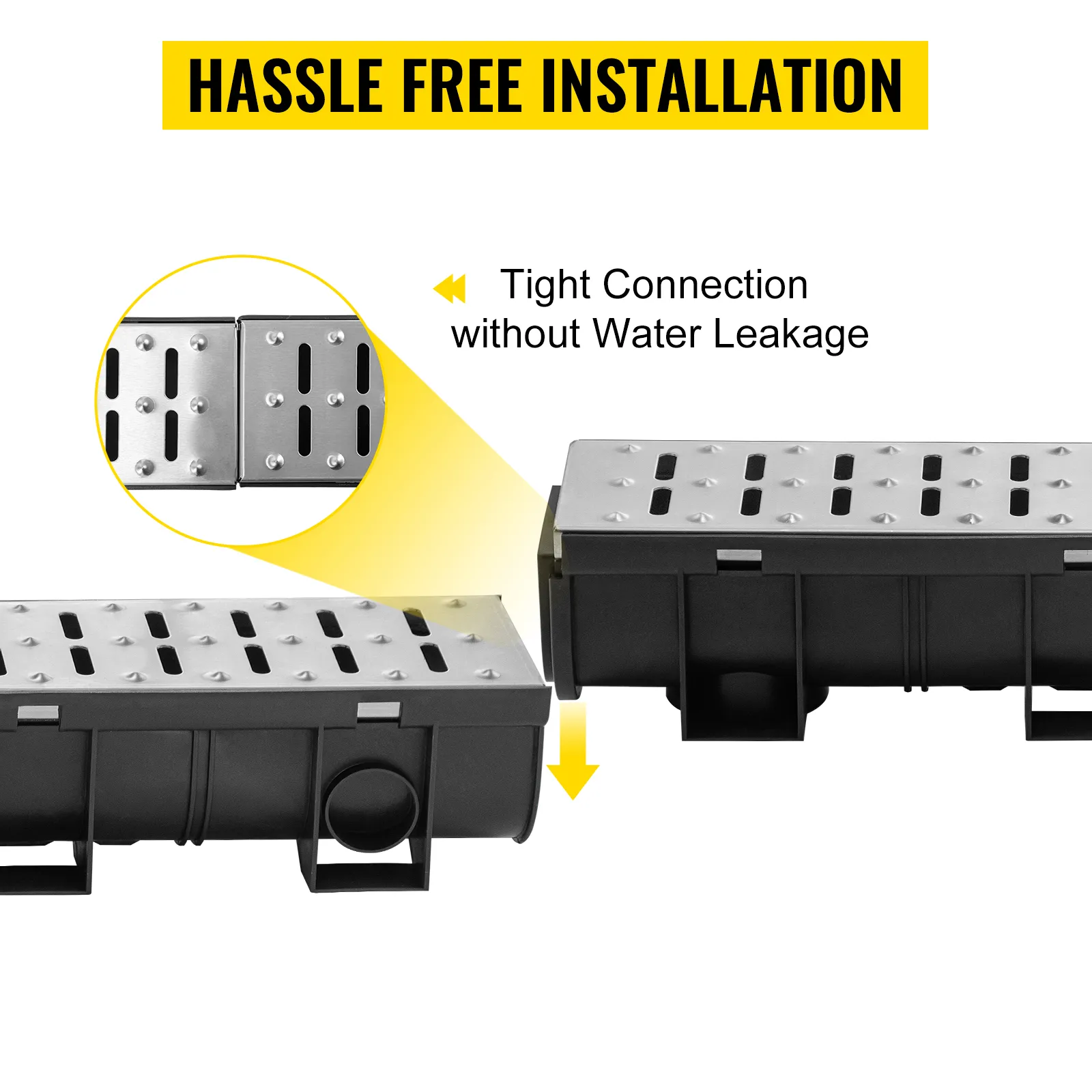 VEVOR trench drain system for hassle-free installation with tight connection, no leaks.