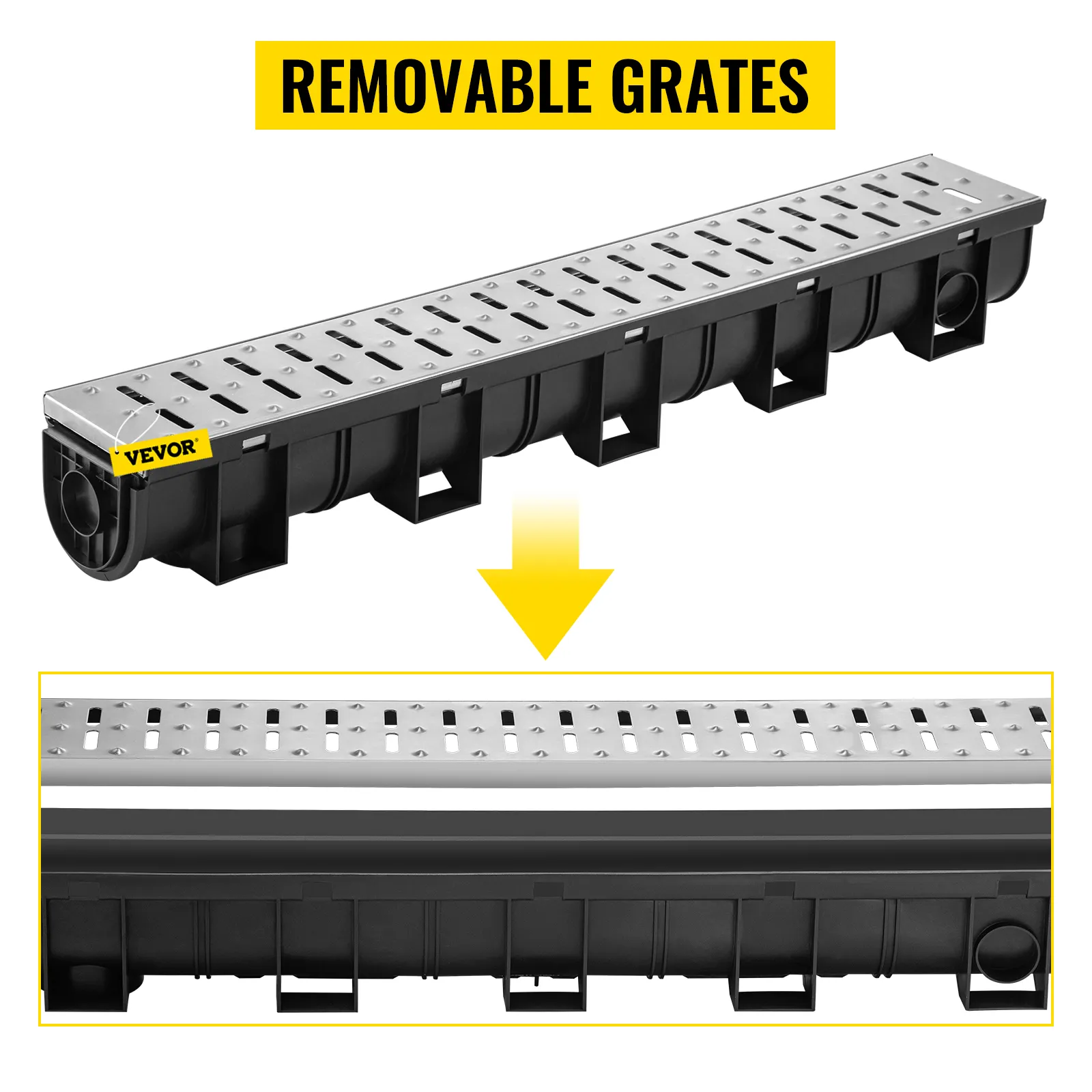 VEVOR trench drain system with removable grates in black and silver.