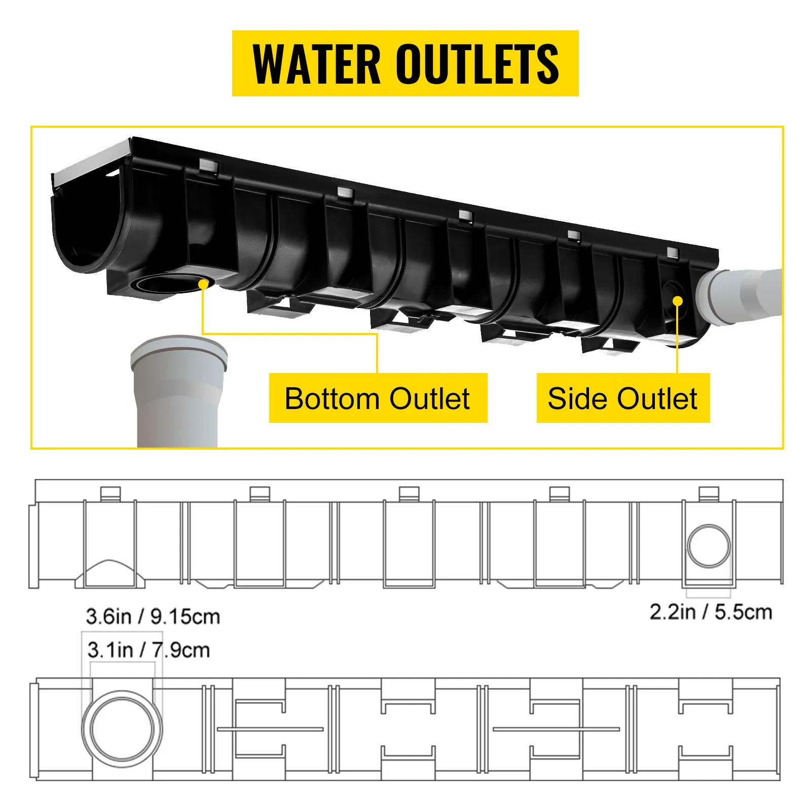 VEVOR trench drain system showing bottom and side water outlets with dimensions.