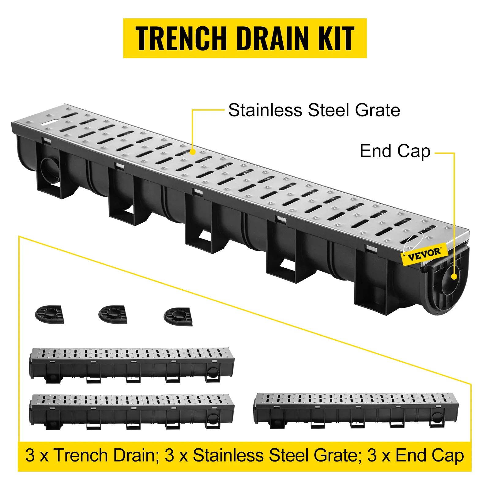 VEVOR trench drain system with stainless steel grate and end caps.