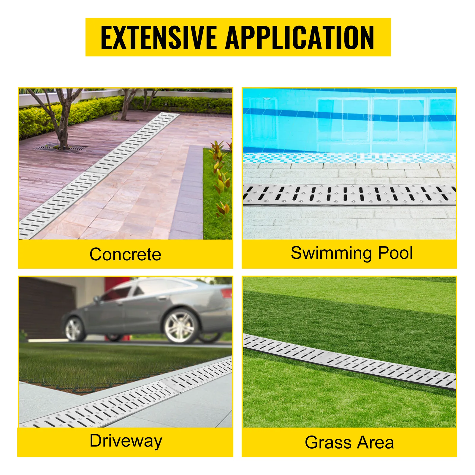VEVOR trench drain system for concrete, swimming pool, driveway, and grass area.