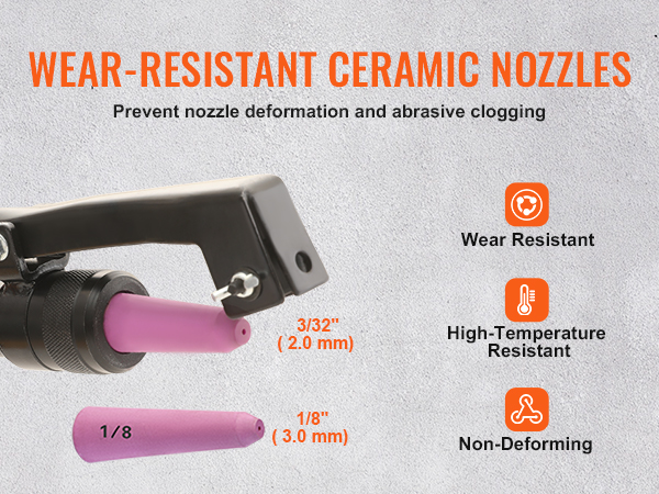 wear-resistant ceramic nozzles for VEVOR 10 gallon sand blaster, preventing deformation and clogging.