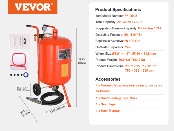 VEVOR sand blaster with 20-gallon tank, 60-110 psi pressure, and accessories including nozzles and face mask.