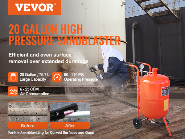 VEVOR sand blaster 20 gallon high pressure, efficient surface removal, before and after results.