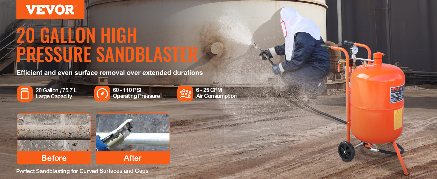 VEVOR sand blaster 20 gallon high pressure, efficient surface removal, before and after results.