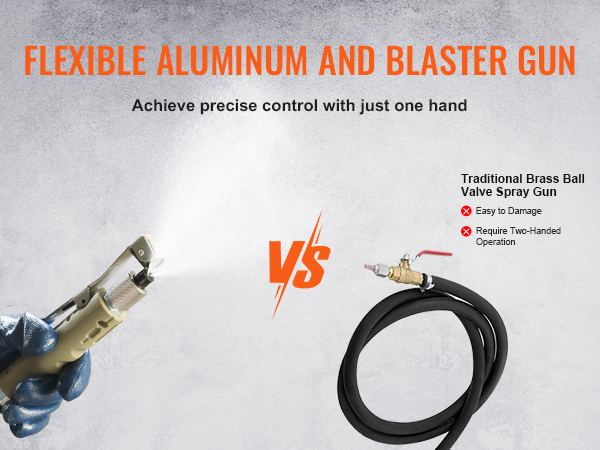 flexible aluminum sand blaster gun offers precise one-handed control vs traditional brass valve gun.