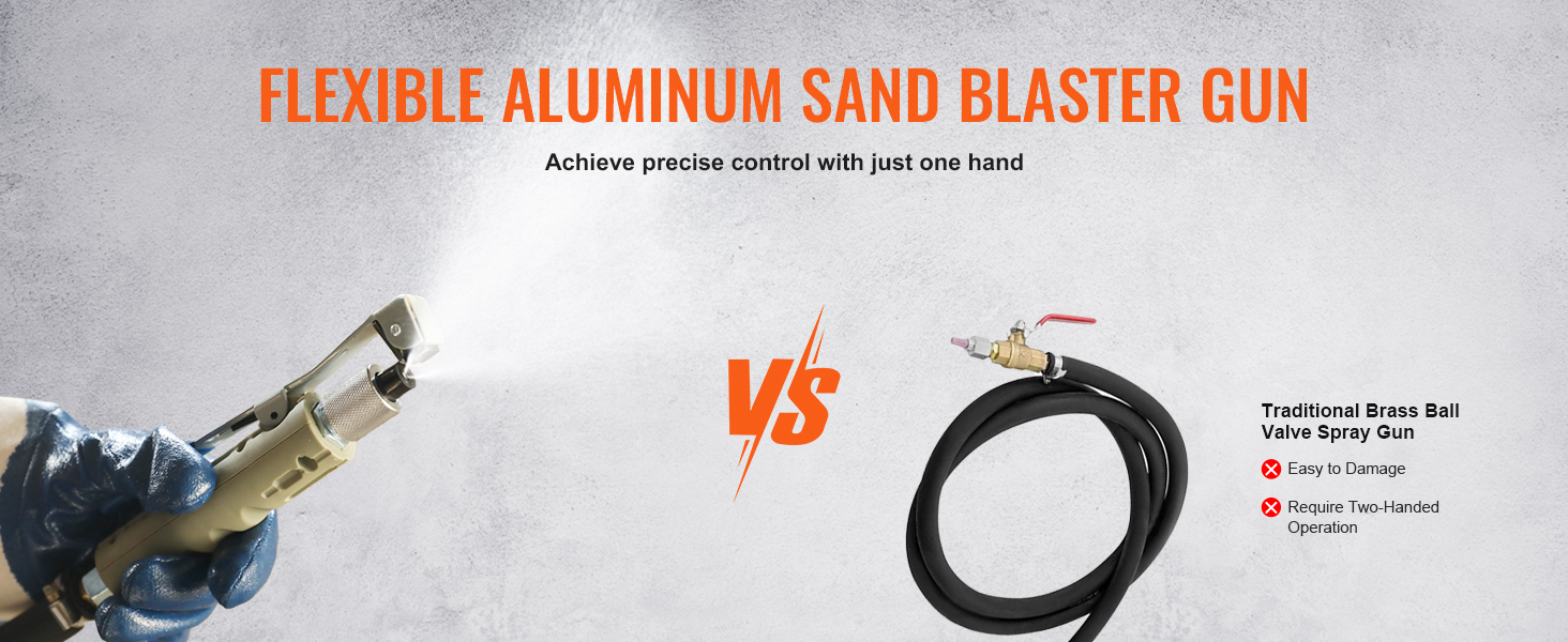 flexible aluminum sand blaster gun offers precise one-handed control vs traditional brass valve gun.