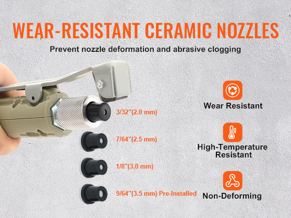 hand holding a VEVOR sand blaster with wear-resistant ceramic nozzles of various sizes and features.