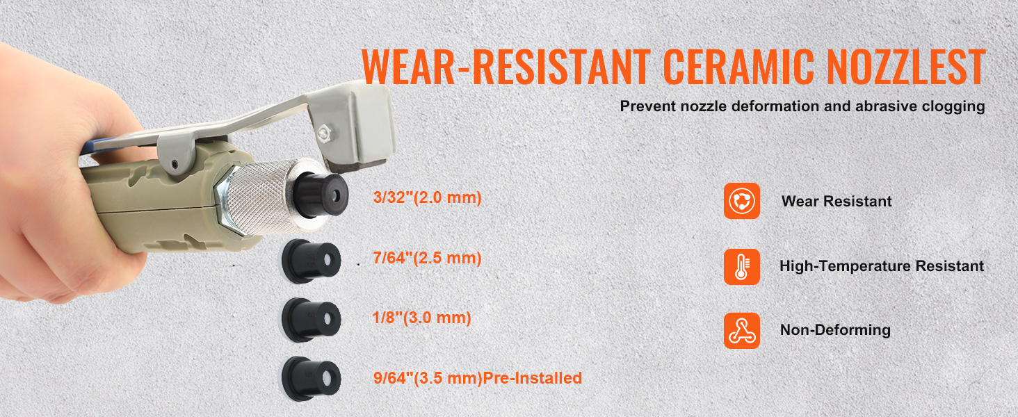 hand holding a VEVOR sand blaster with wear-resistant ceramic nozzles of various sizes and features.