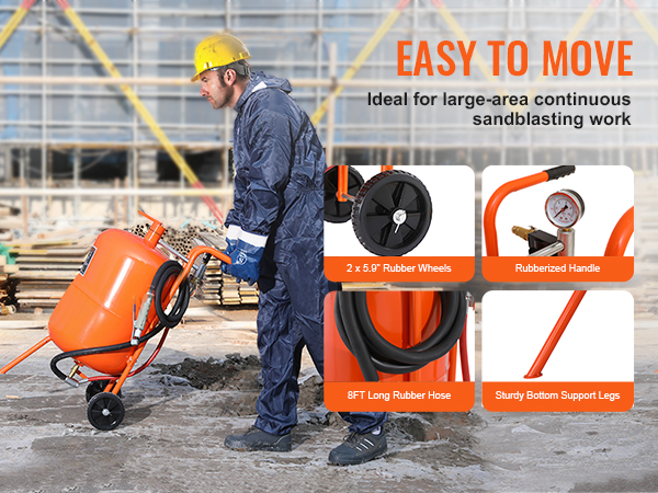 worker using VEVOR sand blaster with easy-to-move design, 5.9" wheels, rubberized handle, and 8ft hose.