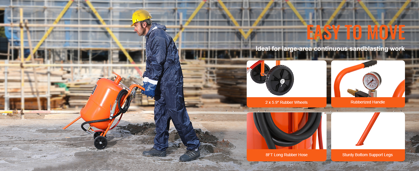 worker using VEVOR sand blaster with easy-to-move design, 5.9" wheels, rubberized handle, and 8ft hose.