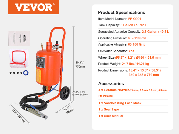 VEVOR sand blaster with 5-gallon tank, 60-110 psi, ceramic nozzles, face mask, seal tape, and user manual.
