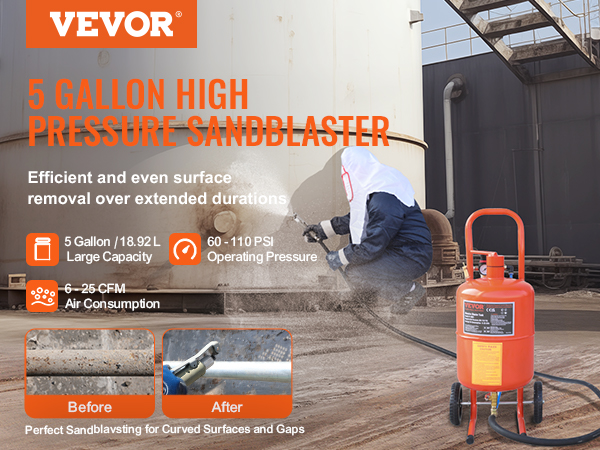 VEVOR sand blaster - 5 gallon high pressure sandblaster for efficient surface removal, before and after use.