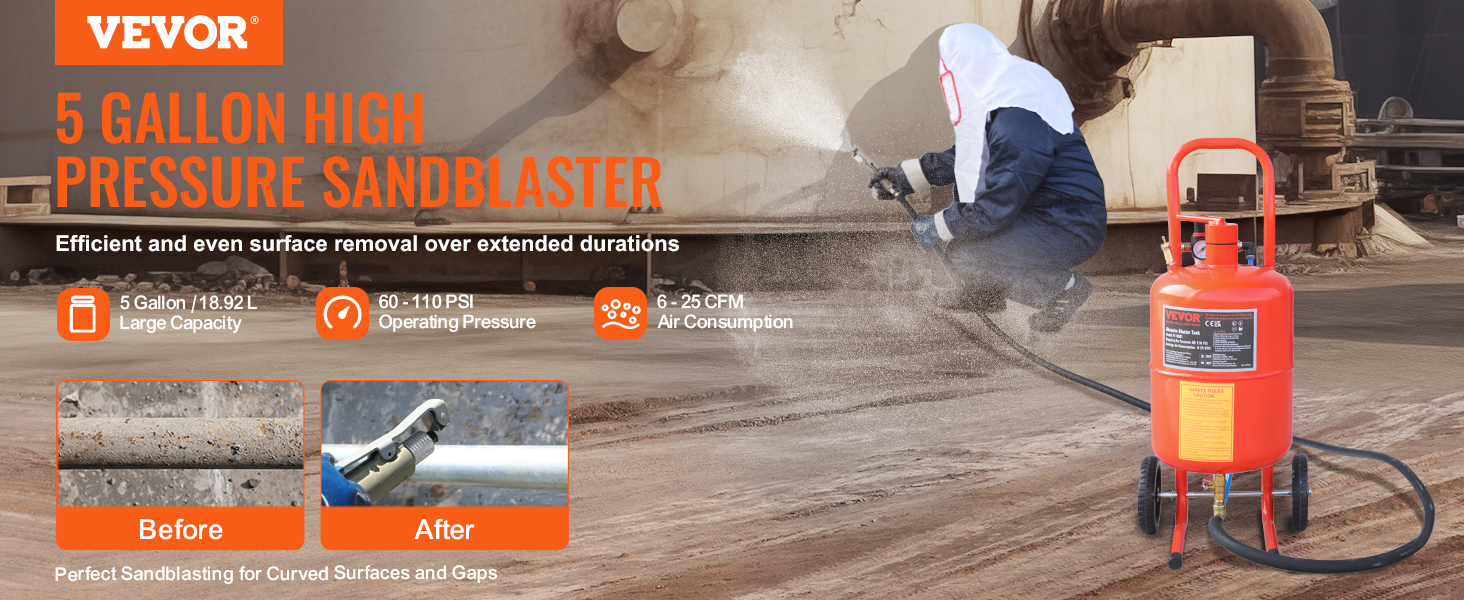 VEVOR sand blaster - 5 gallon high pressure sandblaster for efficient surface removal, before and after use.