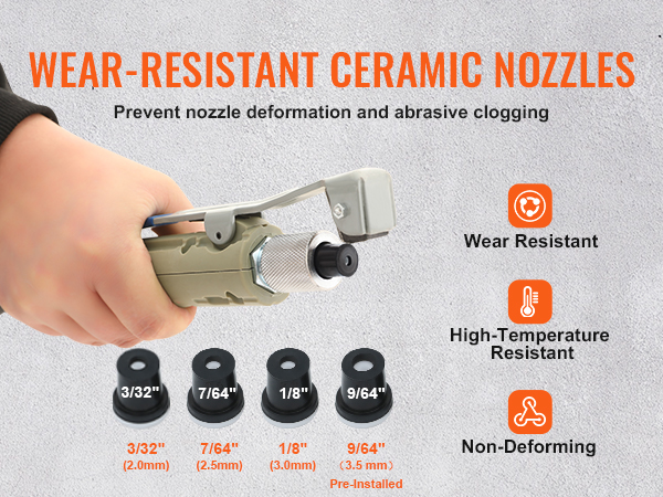 hand holding VEVOR sand blaster with ceramic nozzles, featuring wear resistance and various size options.