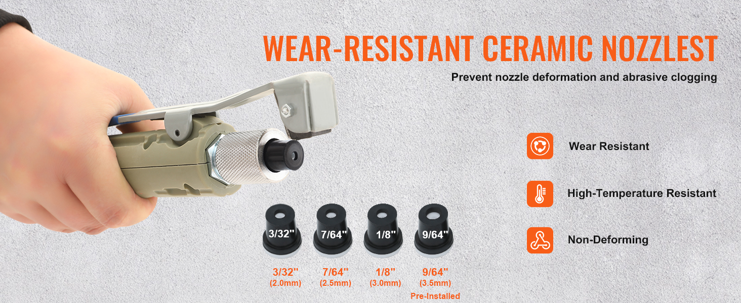 hand holding VEVOR sand blaster with ceramic nozzles, featuring wear resistance and various size options.