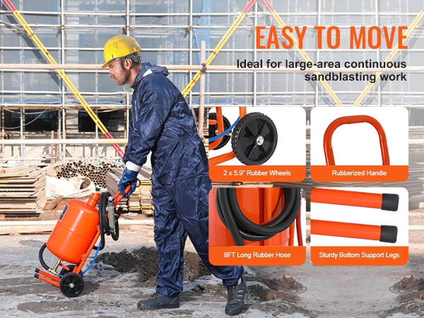 worker using VEVOR sand blaster with rubber wheels, rubberized handle, and 8ft rubber hose on-site.