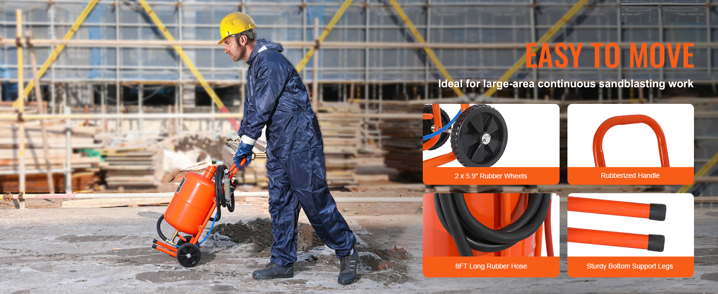 worker using VEVOR sand blaster with rubber wheels, rubberized handle, and 8ft rubber hose on-site.
