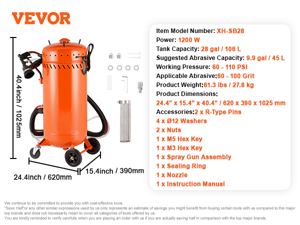 VEVOR vacuum sand blaster xh-sb28 with 28 gal tank, 1200w power, 60-110 psi, and full accessory kit.