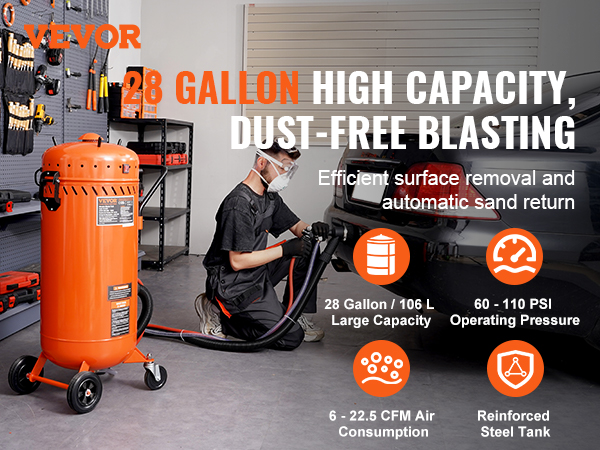 VEVOR vacuum sand blaster in use with 28-gallon capacity, efficient dust-free blasting system in a garage.