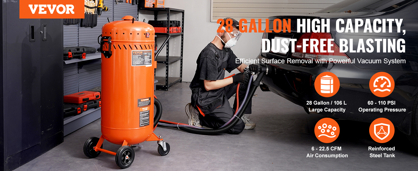 VEVOR vacuum sand blaster in use with 28-gallon capacity, efficient dust-free blasting system in a garage.