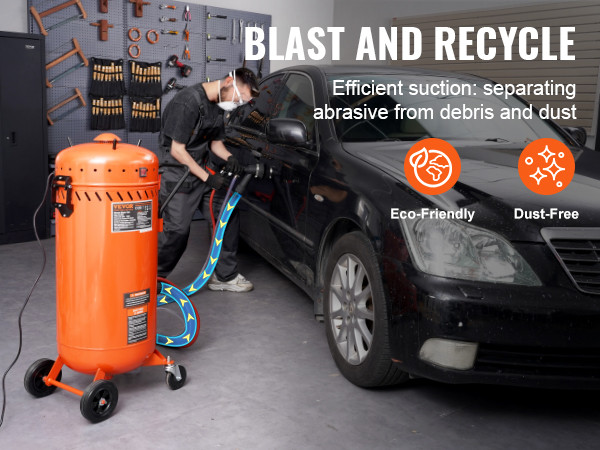 VEVOR vacuum sand blaster in use on car, highlighting efficient suction, eco-friendly, and dust-free features.