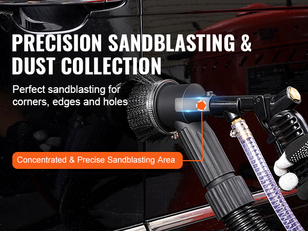 VEVOR vacuum sand blaster in use for precision sandblasting and dust collection on a vehicle surface.