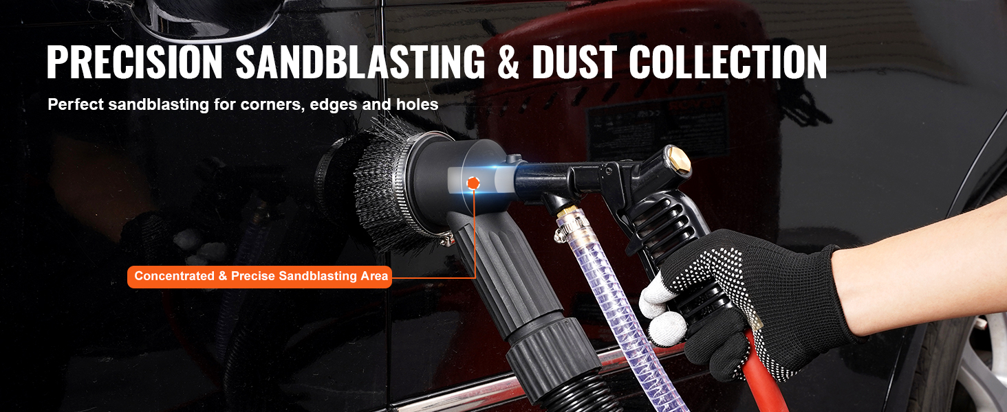 VEVOR vacuum sand blaster in use for precision sandblasting and dust collection on a vehicle surface.