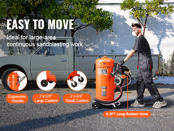VEVOR vacuum sand blaster with ergonomic handle, large casters, small casters, and 8.2ft long rubber hose.