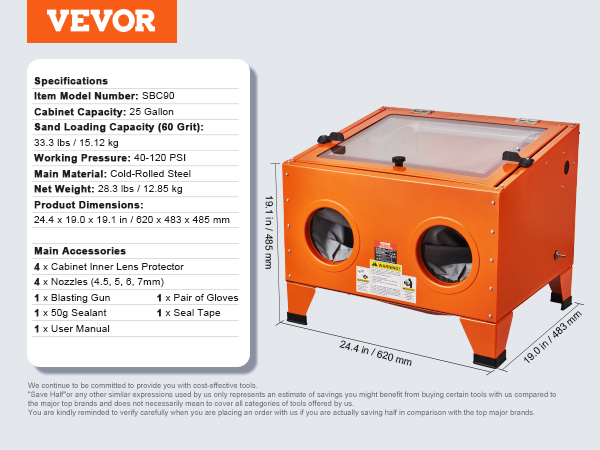 VEVOR sandblasting cabinet: 25-gallon capacity, cold-rolled steel, includes blasting gun, gloves, and nozzle set.