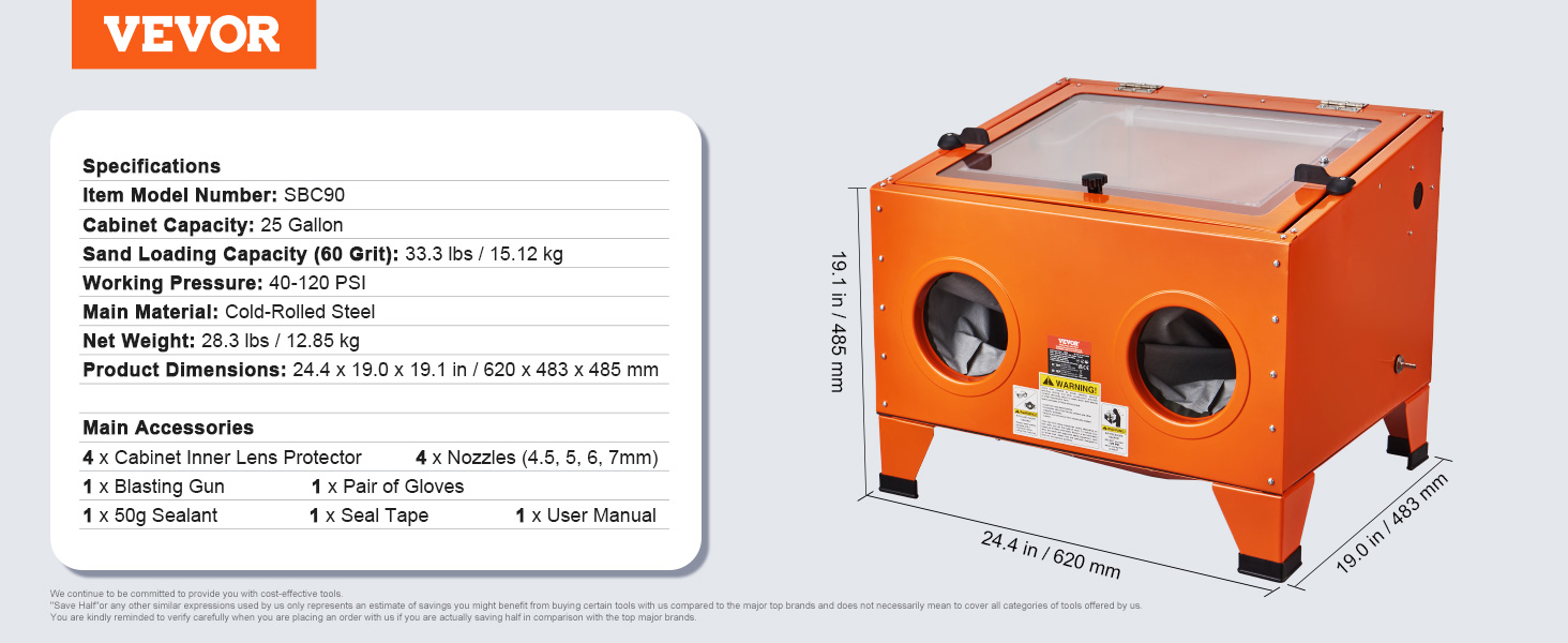 VEVOR sandblasting cabinet: 25-gallon capacity, cold-rolled steel, includes blasting gun, gloves, and nozzle set.