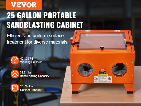 VEVOR 25 gallon portable sandblasting cabinet with 40-120 psi working pressure and 33.3 lbs sand capacity.