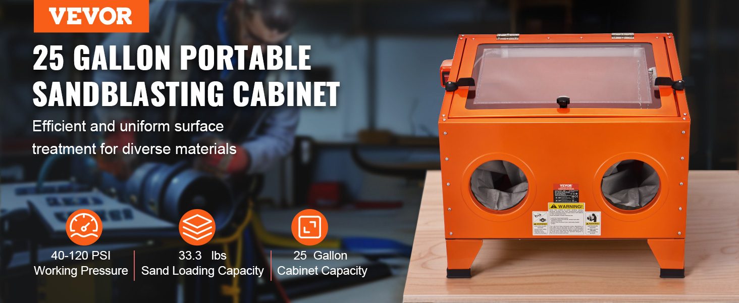 VEVOR 25 gallon portable sandblasting cabinet with 40-120 psi working pressure and 33.3 lbs sand capacity.