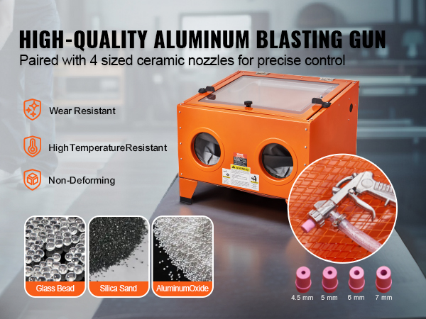 high-quality aluminum blasting gun with VEVOR sandblasting cabinet, 4 ceramic nozzles, and media types.