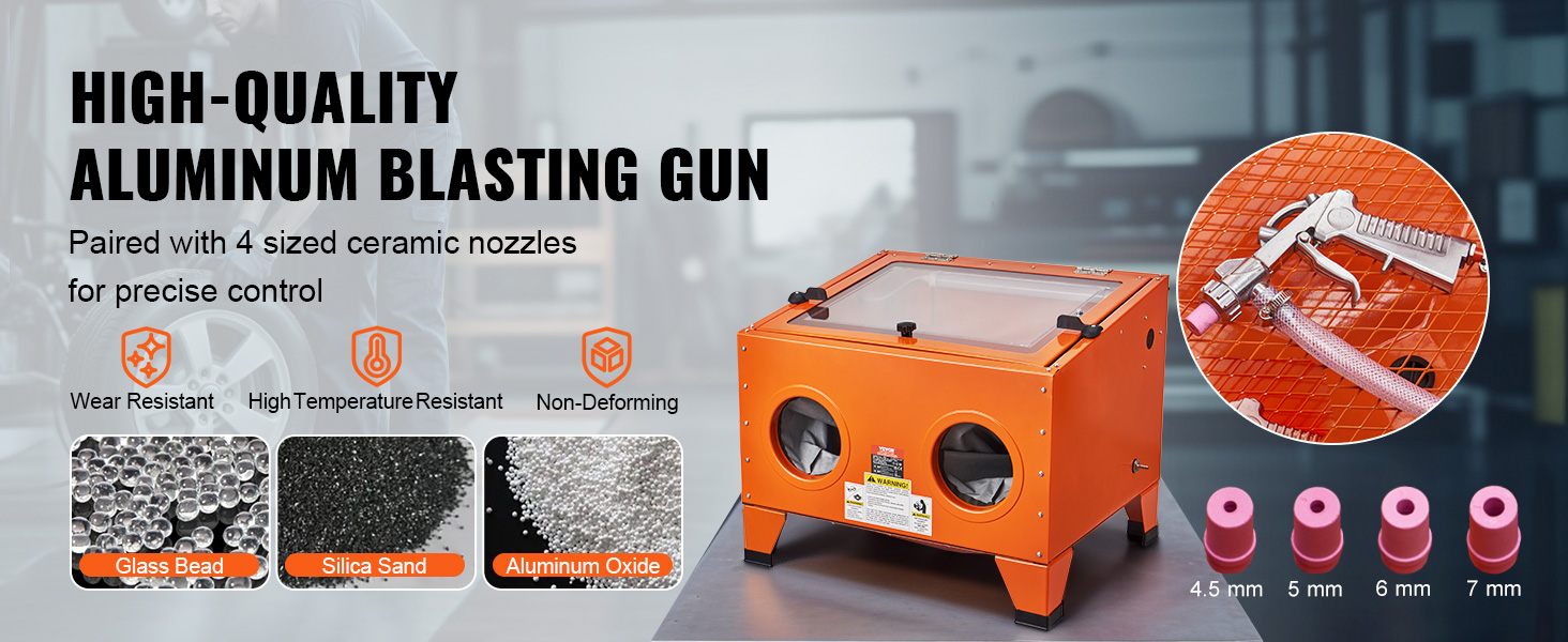 high-quality aluminum blasting gun with VEVOR sandblasting cabinet, 4 ceramic nozzles, and media types.