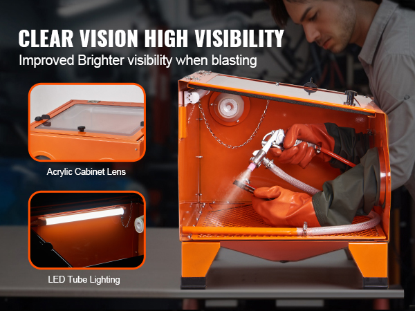 man using VEVOR sandblasting cabinet with led lighting and acrylic lens for high visibility in workshop.