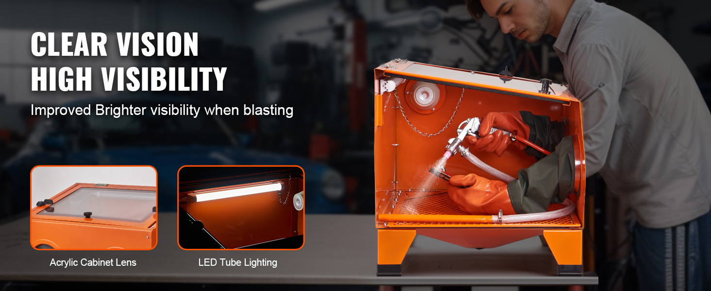 man using VEVOR sandblasting cabinet with led lighting and acrylic lens for high visibility in workshop.