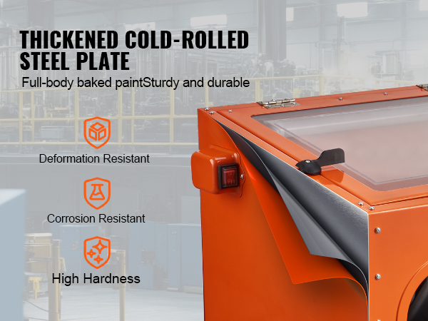 VEVOR sandblasting cabinet with thickened cold-rolled steel plate, durable and corrosion-resistant.