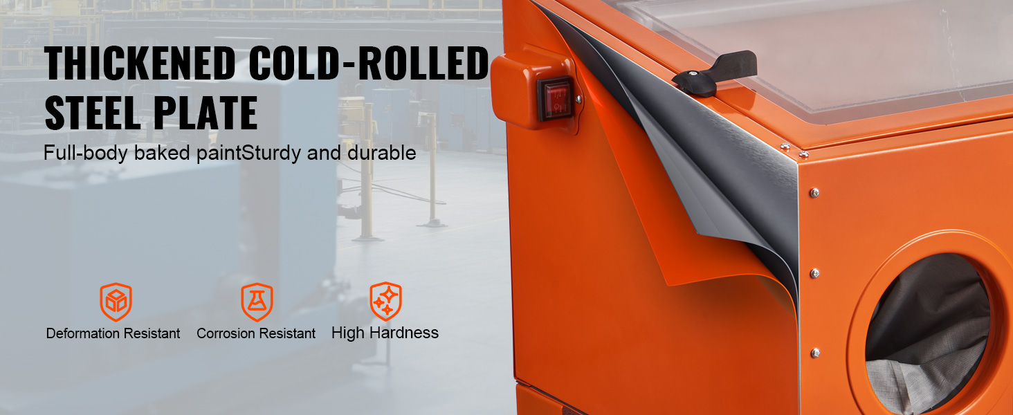 VEVOR sandblasting cabinet with thickened cold-rolled steel plate, durable and corrosion-resistant.