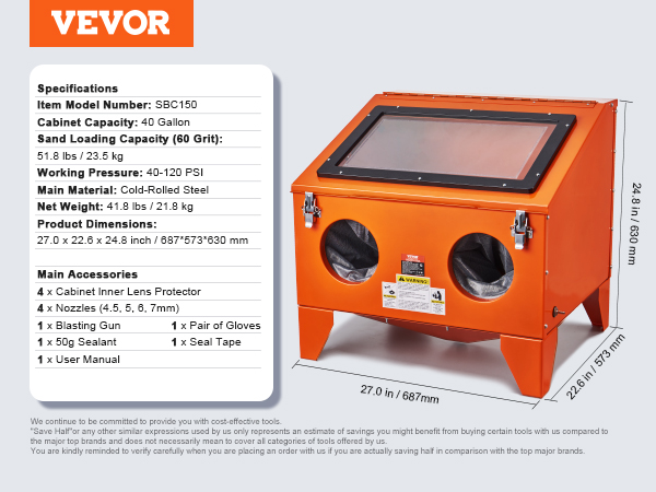 VEVOR sandblasting cabinet specifications with orange steel structure, dimensions, and main accessories listed.