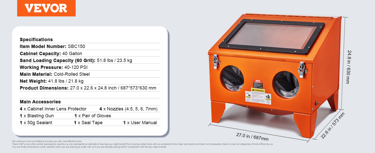 VEVOR sandblasting cabinet specifications with orange steel structure, dimensions, and main accessories listed.