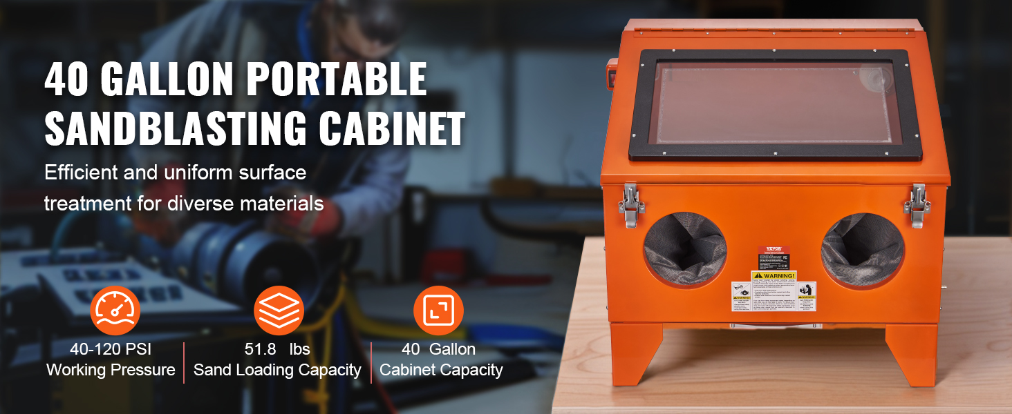 VEVOR sandblasting cabinet, 40-gallon capacity, showcasing sand loading and working pressure up to 120 psi.