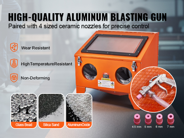 high-quality VEVOR sandblasting cabinet with aluminum blasting gun and 4 ceramic nozzles for precise control.