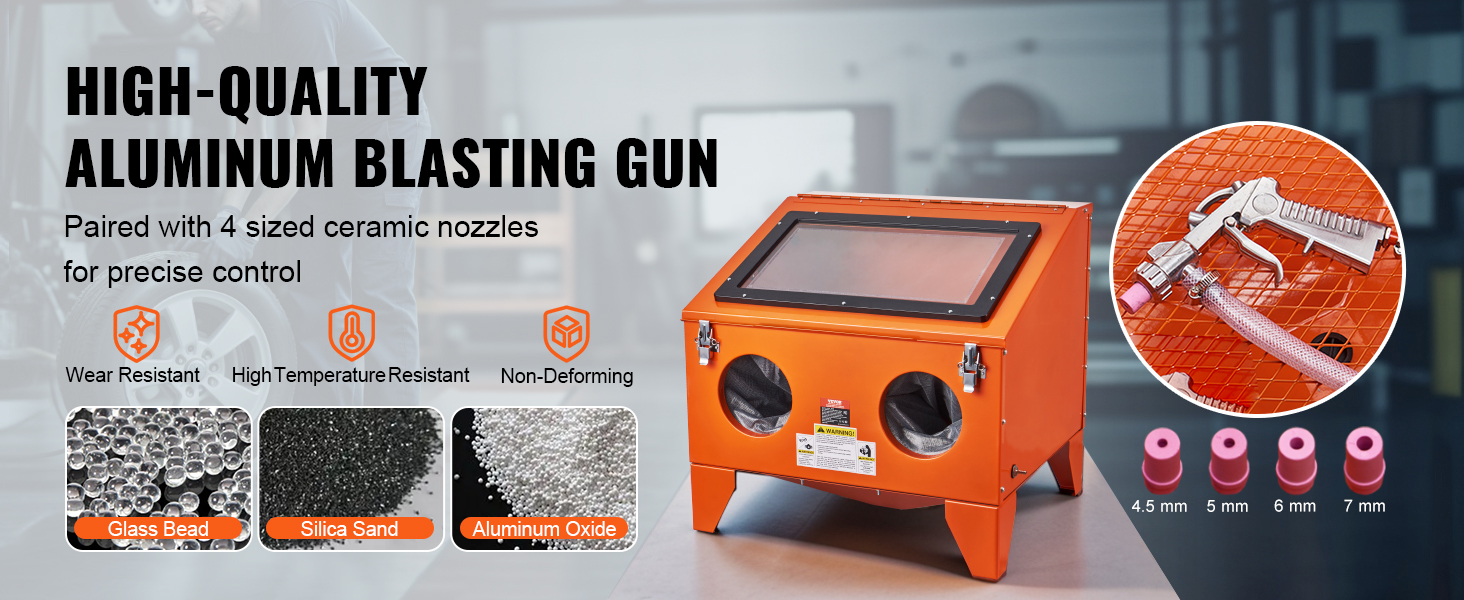 high-quality VEVOR sandblasting cabinet with aluminum blasting gun and 4 ceramic nozzles for precise control.