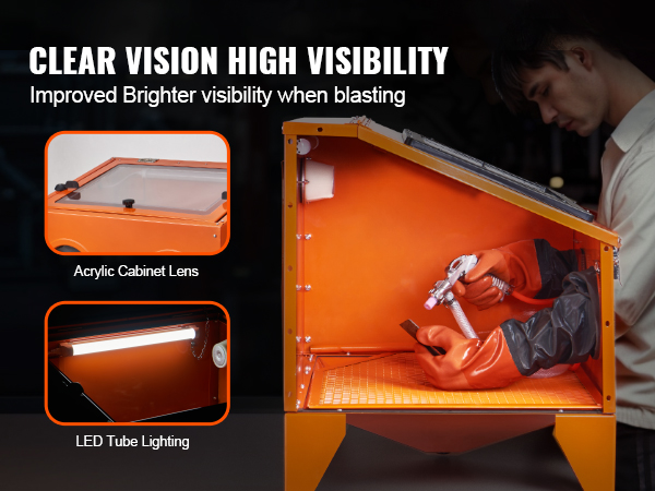 VEVOR sandblasting cabinet with acrylic lens and led lighting for clear and high visibility.