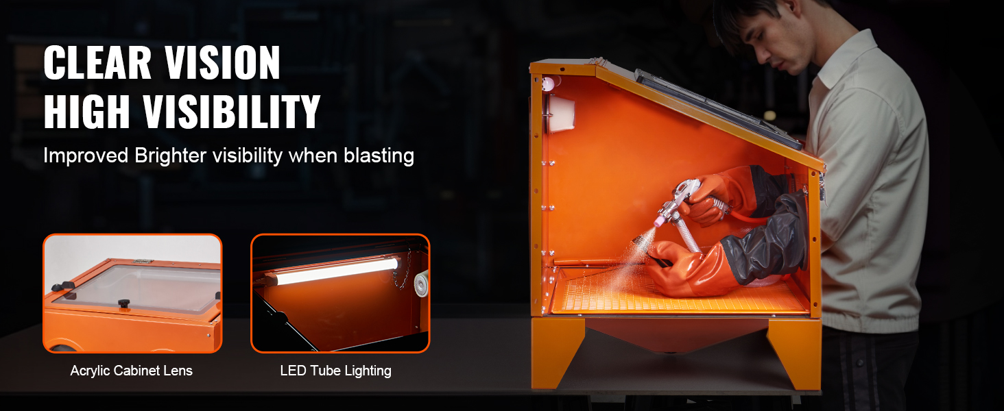 VEVOR sandblasting cabinet with acrylic lens and led lighting for clear and high visibility.