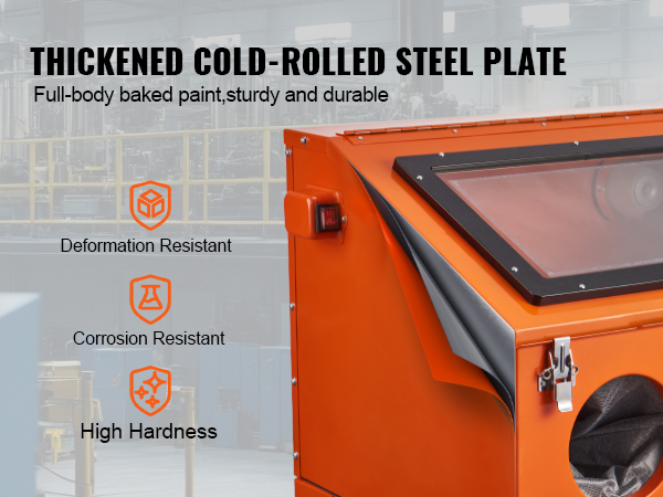 thickened cold-rolled steel plate on VEVOR sandblasting cabinet, sturdy, corrosion-resistant, high hardness.