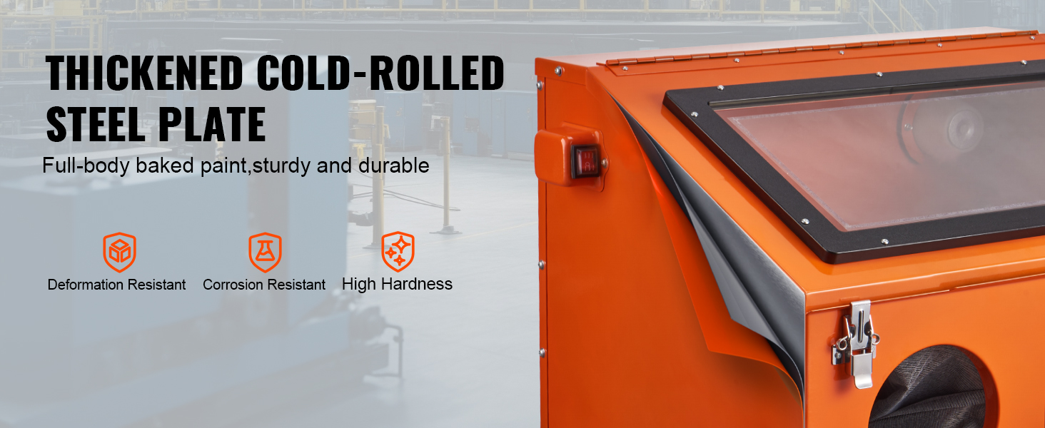thickened cold-rolled steel plate on VEVOR sandblasting cabinet, sturdy, corrosion-resistant, high hardness.