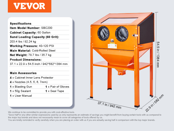 VEVOR sandblasting cabinet sbc200 with 60-gallon capacity, 203.4 lbs sand loading, orange, steel frame.