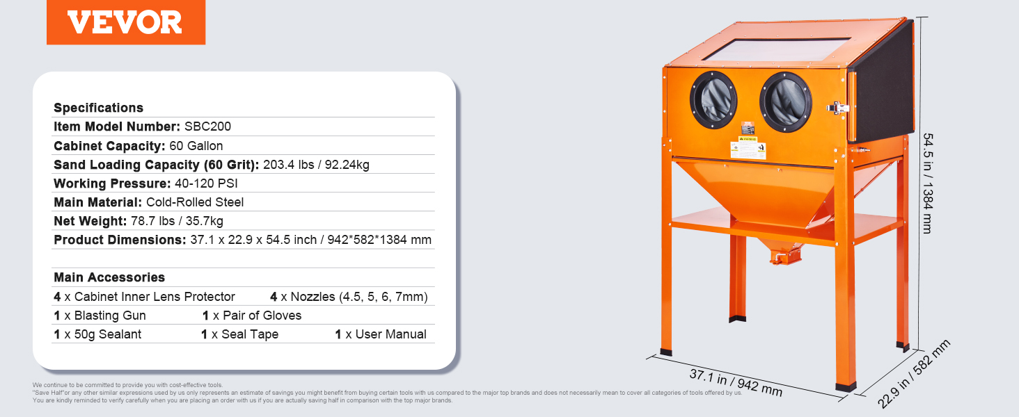 VEVOR sandblasting cabinet sbc200 with 60-gallon capacity, 203.4 lbs sand loading, orange, steel frame.
